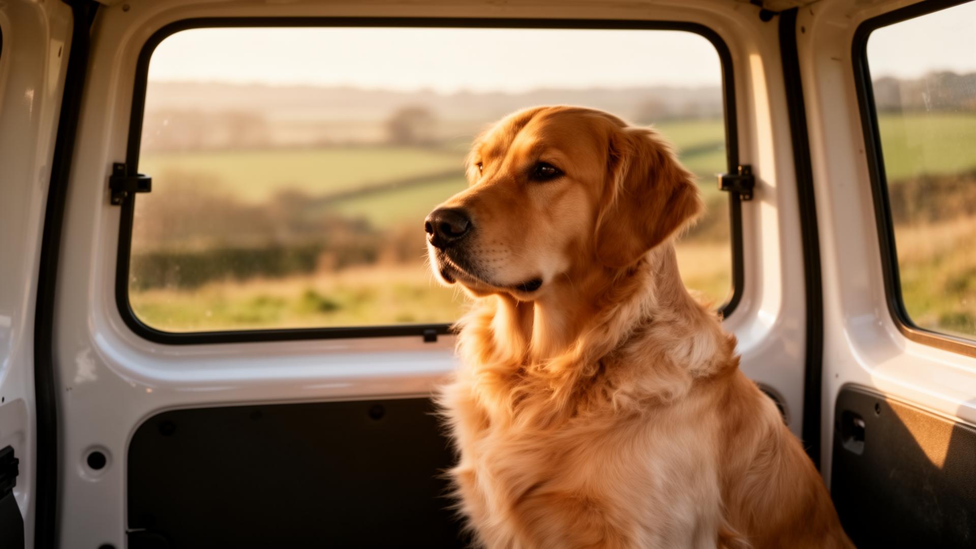 A calm golden retriever looking peacefully out of a van window with the Cheshire countryside behind